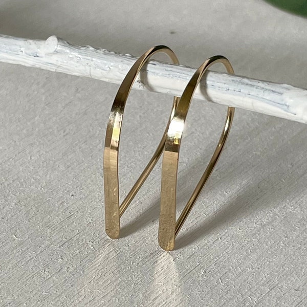 Flat Front Gold Hoop Earrings, Small Teardrop Hoop Earrings, Threader Hoop Earrings Gold Matte or Polished, Unique Handmade Earrings