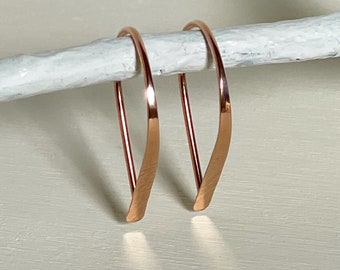 Flat Front Rose Gold Hoop Earrings, Small Teardrop Hoop Earrings, Threader Hoop Earrings, Unique Handmade Rose Gold Earrings