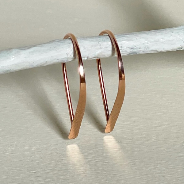 Flat Front Rose Gold Hoop Earrings, Small Teardrop Hoop Earrings, Threader Hoop Earrings, Unique Handmade Rose Gold Earrings