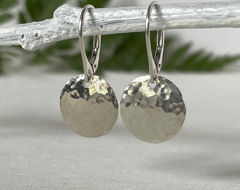 Silver Dangle Leverback Earrings, Hammered Circle Drops, Handmade Jewelry for women, Everyday Silver Disc Lever Back Earrings