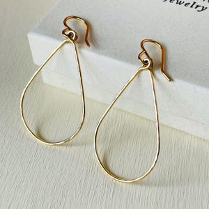 Gold Teardrop Hoop Earrings, Dangle Hoop Earrings Gold, Hammered Earrings, Handmade 14K Gold Earrings for Women