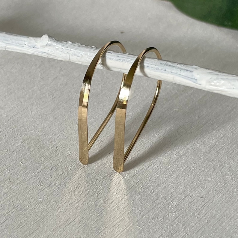 Flat Front Gold Hoop Earrings, Small Teardrop Hoop Earrings, Threader Hoop Earrings Gold Matte or Polished, Unique Handmade Earrings image 1