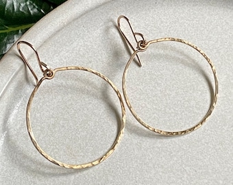 Gold Dangle Hoop Earrings, Hammered Medium 1 1/4" Hoop Earrings, Gold Dangle Earrings,  Handmade Jewelry for Women