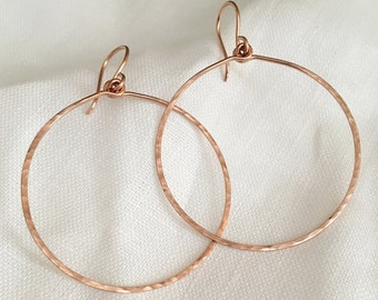 Large Rose Gold Dangle Hoop Earrings, Modern Elegant Earrings, Hammered Gold filled Earrings, 1.5" Hoop Earrings