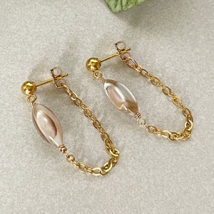 Gold Stud Chain Earrings, Mother of Pearl Earrings, 14K Gold Fill Dangle Earrings, Minimalist Earrings