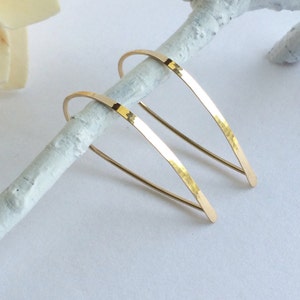 Flat Front Gold Hoop Earrings, Medium Teardrop Hoops, Gold Threader Earrings, Open Hoop Earrings