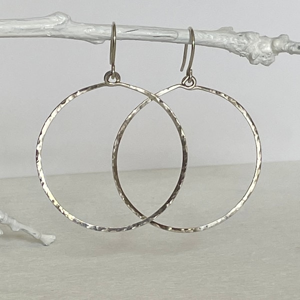 Large Silver Dangle Hoop Earrings, Hammered Sterling Silver Flat Hoop Earrings, Boho Silver Earrings