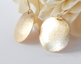 Gold Earrings, Gold Disc Earrings, Hammered Gold Earring, Large Disc