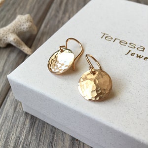 Gold Filled Earrings, Hammered Gold Disc Earrings, Small Disc Drop Earrings, Gold Circle Minimalist Earrings