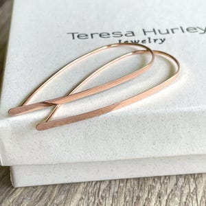 Flat Front Rose Gold Hoop Earrings, Large Teardrop Hoops, Threader hoop Earrings, Rose Gold Earrings