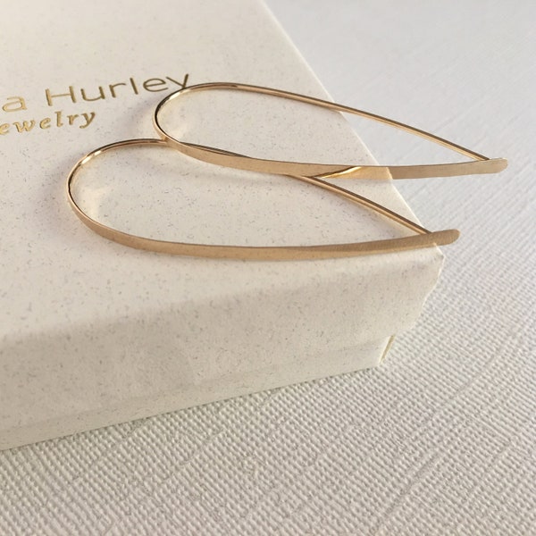 Flat Front Gold Hoop Earrings, Large Teardrop Hoop Earrings, Gold Threader Earrings, Open Hoop Earrings