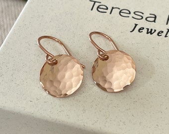 Hammered Rose Gold Earrings, Small Disc Earrings, 14k Gold filled Dainty Earrings, Handmade Jewelry for Women