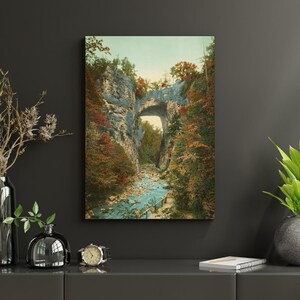 Natural Bridge Canvas Wall Art, Autumn Landscape Print, Rustic Nature Decor, Scenic Forest Stream Artwork, Vintage Style Travel Poster