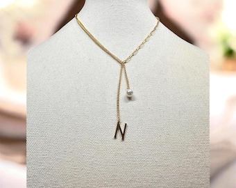 Pearl Initial Necklace: Gold Letter Charm, Dainty Birthday Gift