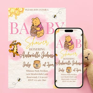 May include: Baby shower invitation featuring Winnie the Pooh with a honey pot, Tigger, and bees. The invitation includes the text "Baby Shower" and details for Aubrielle Johnson's shower on July 15th at 2 PM at Whimsy Park Pavilion.