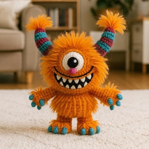 Könnte beinhalten: Ein handgefertigtes orangefarbenes Häkelmonster mit einem Auge, einem breiten Grinsen und zwei gestreiften Hörnern. Das Monster hat blaue Akzente an Händen und Füßen und steht auf einem weißen Teppich. Ein skurriles, handgefertigtes Spielzeug.