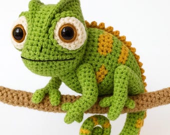 かぎ針編みのカメレオンの編み図、初心者向け編みぐるみトカゲの作り方