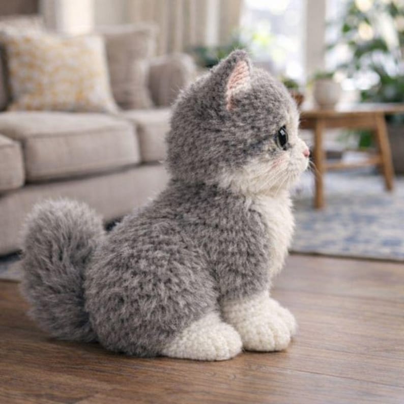 May include: A plush gray and white kitten toy with a fluffy tail, sitting on a wooden floor. The kitten has large, dark eyes and pink accents on its ears and cheeks. The toy is in a seated position, with its paws visible.