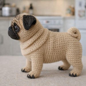 May include: A crocheted pug dog figurine in tan and black. The dog has a tan body with a black face, ears, and paws. The pug is standing on all fours with a curled tail. The crochet stitches are visible, giving the dog a textured appearance.