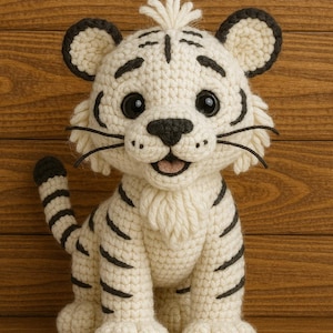 May include: A handmade, crocheted tiger figurine in cream and black. The tiger has black stripes, a black nose, and black whiskers. The ears and tail are also black. The tiger is sitting upright with its mouth slightly open, giving it a friendly appearance.