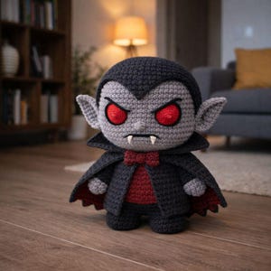 Puede incluir: Muñeca de vampiro de ganchillo hecha a mano con cara gris, pelo negro y capa negra con forro rojo. La muñeca tiene ojos rojos, colmillos blancos y pajarita roja. La muñeca está sobre un suelo de madera.