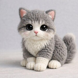 May include: A handmade crochet cat in gray and white with large black eyes and a pink nose. The cat has a fluffy tail and is sitting upright. The ears are lined with pink. The cat is a decorative item.
