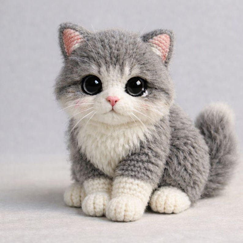May include: A handmade crochet cat in gray and white with large black eyes and a pink nose. The cat has a fluffy tail and is sitting upright. The ears are lined with pink. The cat is a decorative item.