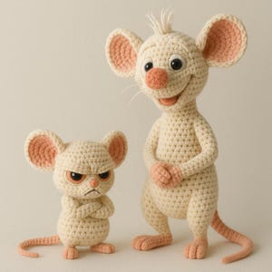Op de afbeelding: Twee gehaakte muizenfiguren. Eén muis lacht met zijn armen langs zijn zij, en de andere muis heeft een boze uitdrukking met gekruiste armen. Beide muizen zijn crèmekleurig met roze oren, neuzen en voeten.