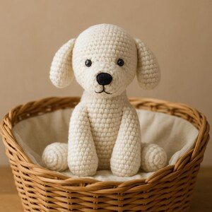 Może przedstawiać: Ręcznie robiony, kremowy szydełkowy pies z oklapniętymi uszami, czarnymi oczami i czarnym nosem, siedzący w wiklinowym koszu wyłożonym białym materiałem. Pies to miękka, pluszowa zabawka.