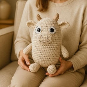 May include: A cream-coloured, crocheted cow plush toy with large, round eyes, small horns, and a smiling face. The handmade stuffed animal has a rounded body, arms, and legs. The toy is held in someone's lap.