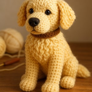 May include: A crocheted golden retriever puppy in light yellow yarn, with a brown collar and black nose. The puppy is sitting on a wooden surface. The dog's eyes are dark. The yarn is a light yellow colour.