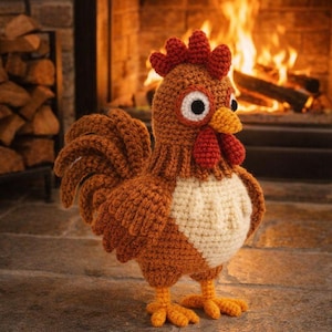 May include: A handcrafted crochet rooster with a brown body, cream-colored chest, and red comb and wattle. The rooster has large, round eyes and yellow feet. The background features a fireplace with a burning fire.