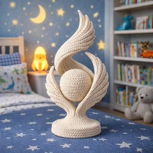 Könnte beinhalten: Eine cremefarbene, gehäkelte Skulptur mit einer zentralen Kugel, die von stilisierten Flügeln gehalten wird. Die Flügel krümmen sich nach oben und erzeugen ein elegantes, fließendes Design. Die Skulptur steht auf einem runden Sockel. Der Hintergrund zeigt einen blauen Sternenhimmel und ein Kinderzimmer.