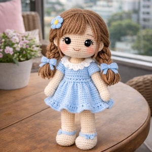 Może przedstawiać: Ręcznie robiona szydełkowa lalka z brązowymi włosami w warkoczach, ozdobiona niebieskim kwiatkiem i kokardkami. Lalka ma na sobie jasnoniebieską sukienkę z białym kołnierzykiem i pasujące buty. Lalka ma około 25 cm wysokości.