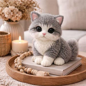 May include: A handcrafted gray and white crochet cat figurine with large black eyes, pink nose, and ears. The cat sits on a book atop a wooden tray, with a candle and decorative beads nearby. The cat's fur is detailed and soft-looking.