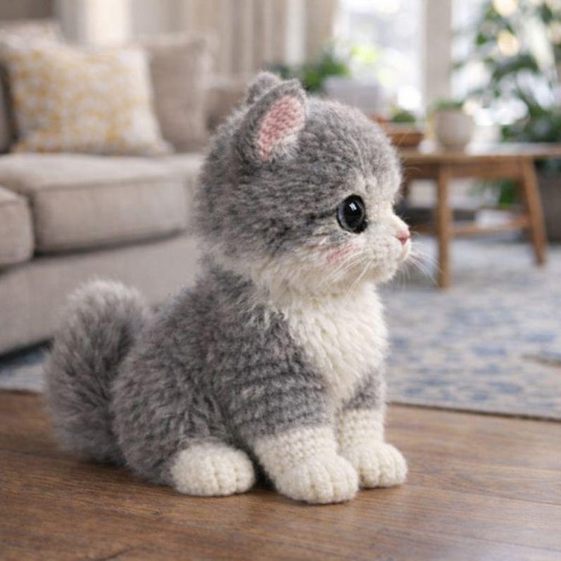 May include: A handmade, gray and white knitted kitten figurine with large black eyes and pink accents. The plush cat has a fluffy tail and is sitting on a wooden surface. The kitten's ears are pink inside, and it has a sweet, innocent expression.
