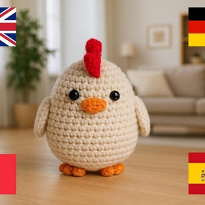 May include: A handmade, beige crochet chicken with a red comb and orange beak and feet. The amigurumi chicken has black safety eyes and small wings. This soft sculpture is a charming decorative item.