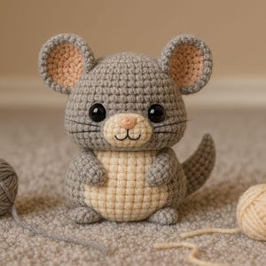 Könnte beinhalten: Handgefertigtes Häkelmaus-Spielzeug in Grau- und Cremefarben. Die Maus hat große schwarze Augen, eine rosa Nase und einen kleinen Schwanz. Zwei Wollknäuel, eines grau und eines cremefarben, liegen neben der Maus. Das Spielzeug ist etwa 13 cm groß.