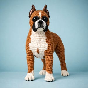 May include: A crocheted Boxer dog figurine in brown and white. The dog has a white chest and muzzle, with brown patches and a white stripe on its head. The dog is standing on a light blue surface.