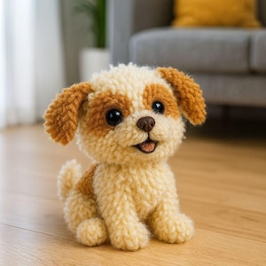 May include: A handmade, plush dog toy with a cream and brown color scheme. The dog has large black eyes, a brown nose, and a smiling mouth. The toy is sitting on a wooden floor.