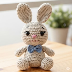 以下が含まれることがあります： 手作りのかぎ針編みウサギ人形。ウサギは座った姿勢で、大きな耳、黒い目、ピンクの鼻、青い蝶ネクタイが付いています。人形は木製の表面に座っています。