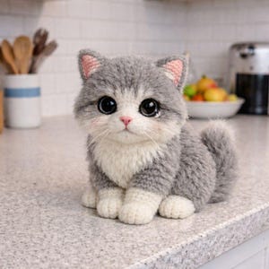May include: A handmade crochet cat figurine in gray and white, with large, expressive black eyes and pink accents on the ears and cheeks. The cat is sitting on a countertop, showcasing its fluffy texture and detailed craftsmanship.