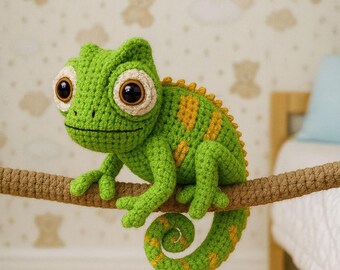 かぎ針編みのカメレオンの編み図、初心者向け編みぐるみトカゲの作り方