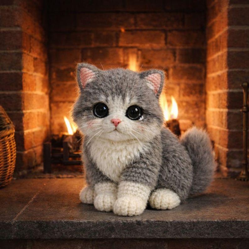 May include: A handcrafted gray and white cat figurine with large, expressive eyes and pink accents. The plush cat is sitting in front of a brick fireplace with a warm fire burning in the background. The cat is made of yarn.