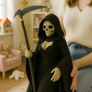 May include: A crocheted Grim Reaper doll with a black hooded robe, holding a scythe. The doll has a skull face and tan hands. The scythe is gray and brown. The doll is approximately 18 inches tall.