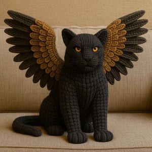 May include: A black knitted cat sculpture with large, detailed wings in shades of brown and tan. The cat has yellow eyes and is seated on a neutral-toned surface. The wings are spread, giving the impression of flight.