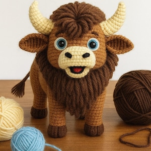 Könnte beinhalten: Gehäkelte Bullenfigur mit freundlichem Gesichtsausdruck. Der Bulle hat braune und beige Garndetails, einschließlich Hörner, Ohren und einer zotteligen Mähne. Er hat blaue Augen und einen roten Mund. Wollknäuel in Blau, Beige und Braun befinden sich im Vordergrund.