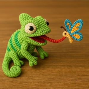 以下が含まれることがあります： 緑色の手編みのカメレオン。赤い舌をカラフルな蝶に伸ばしています。蝶は青、オレンジ、黄色の羽を持っています。カメレオンは大きく丸い目を持ち、蝶を捕まえようとしているように見えます。