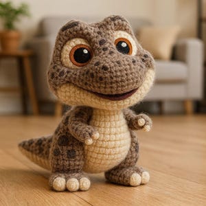 Op de afbeelding: Een handgemaakt gehaakt dinosaurus speelgoed in bruin- en crèmetinten. De dinosaurus heeft grote, expressieve ogen, een vriendelijke glimlach en gedetailleerde steken. Hij staat op een houten vloer.