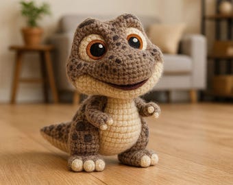 May include: A handmade crochet dinosaur toy in shades of brown and cream. The dinosaur has large, expressive eyes, a friendly smile, and detailed stitching. It is standing on a wooden floor.